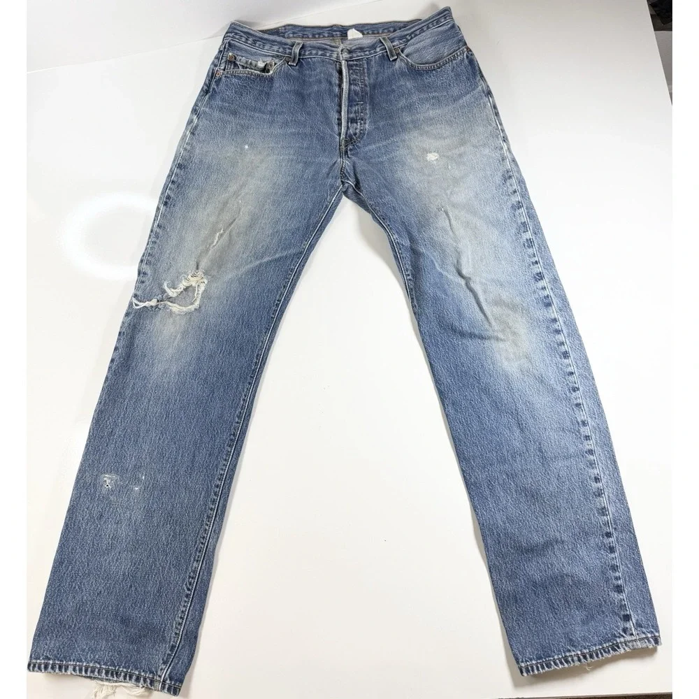 Levi's 501 Denim Blue Jeans Men's 35x33 Distressed Grunge Casual Pants Y2K
